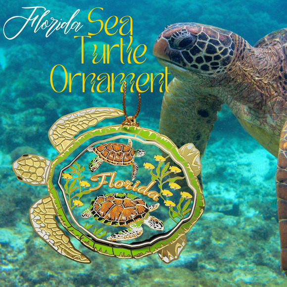 Florida Sea Turtle Ornament Color Brass Sea Marine Life Nautical Coastal Beach - Picture 2 of 8
